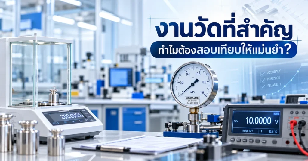 ภาพเครื่องชั่งละเอียด เกจวัดความดัน และเครื่องมือวัดไฟฟ้า แสดงความสำคัญของการสอบเทียบเครื่องมือวัดในงานวัดที่สำคัญ