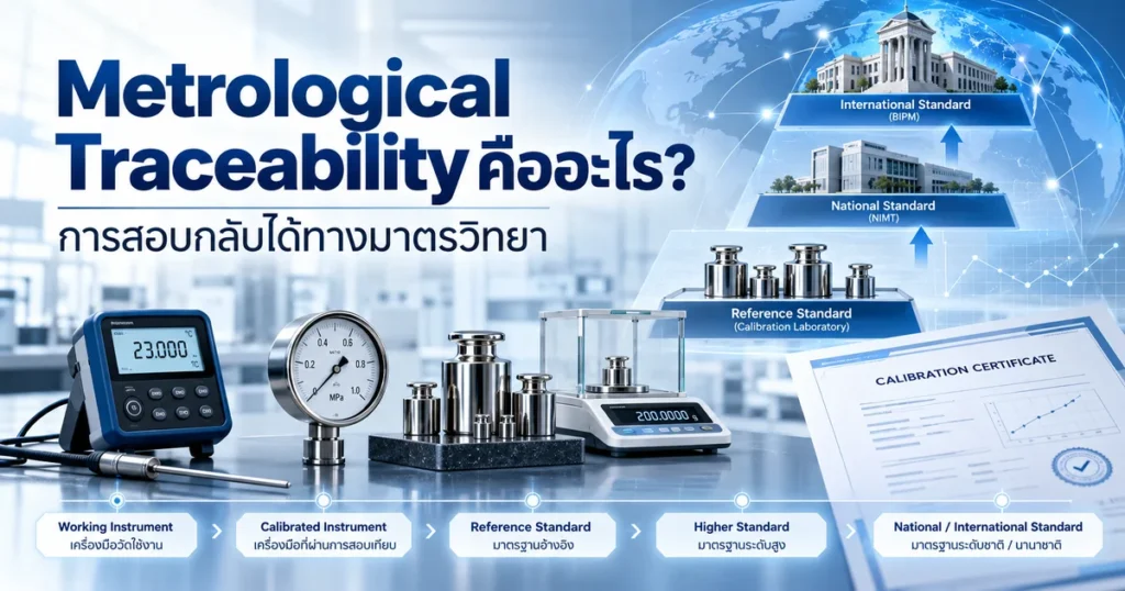 แผนภาพการสอบกลับได้ทางมาตรวิทยา (Metrological Traceability) แสดงเครื่องมือวัด มาตรฐานอ้างอิง และมาตรฐานระดับชาติและนานาชาติ
