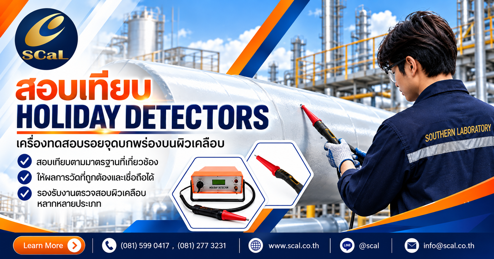ภาพบริการสอบเทียบ Holiday Detector สำหรับตรวจหารอยจุดบกพร่องบนผิวเคลือบ พร้อมเจ้าหน้าที่เทคนิค SCaL ตรวจสอบงานภาคสนาม