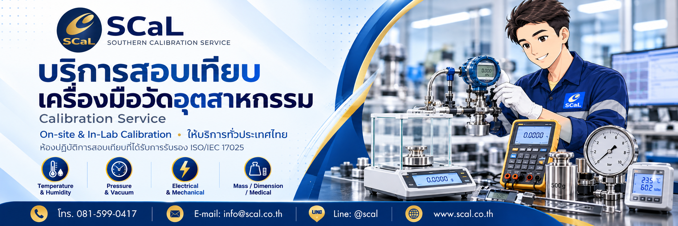 ภาพบริการสอบเทียบเครื่องมือวัดอุตสาหกรรมของ SCaL ทั้งในห้องปฏิบัติการและนอกสถานที่ ภายใต้มาตรฐาน ISO/IEC 17025