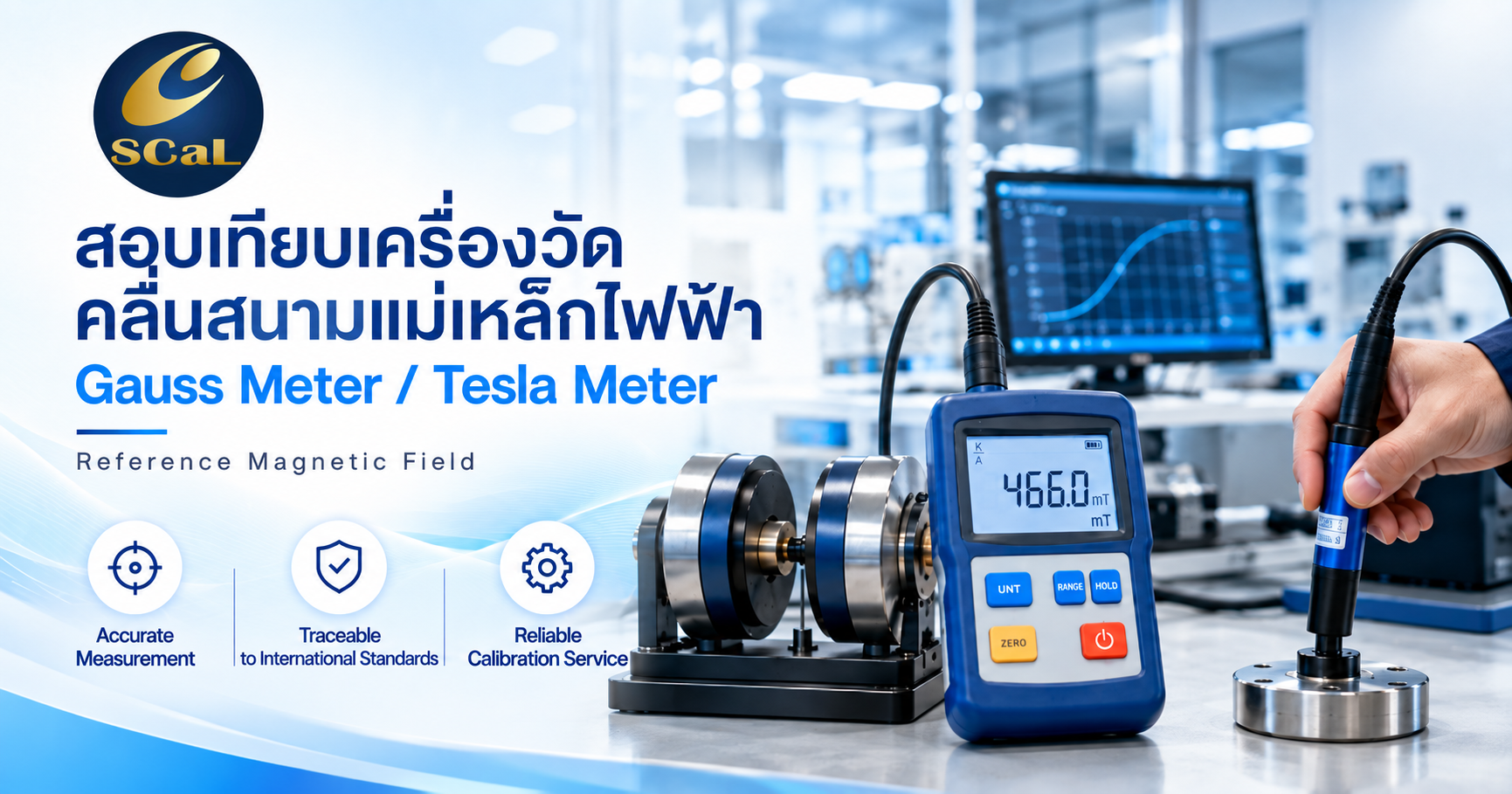 ภาพบริการสอบเทียบ Gauss Meter และ Tesla Meter สำหรับวัดสนามแม่เหล็กไฟฟ้า โดยใช้ Reference Magnetic Field