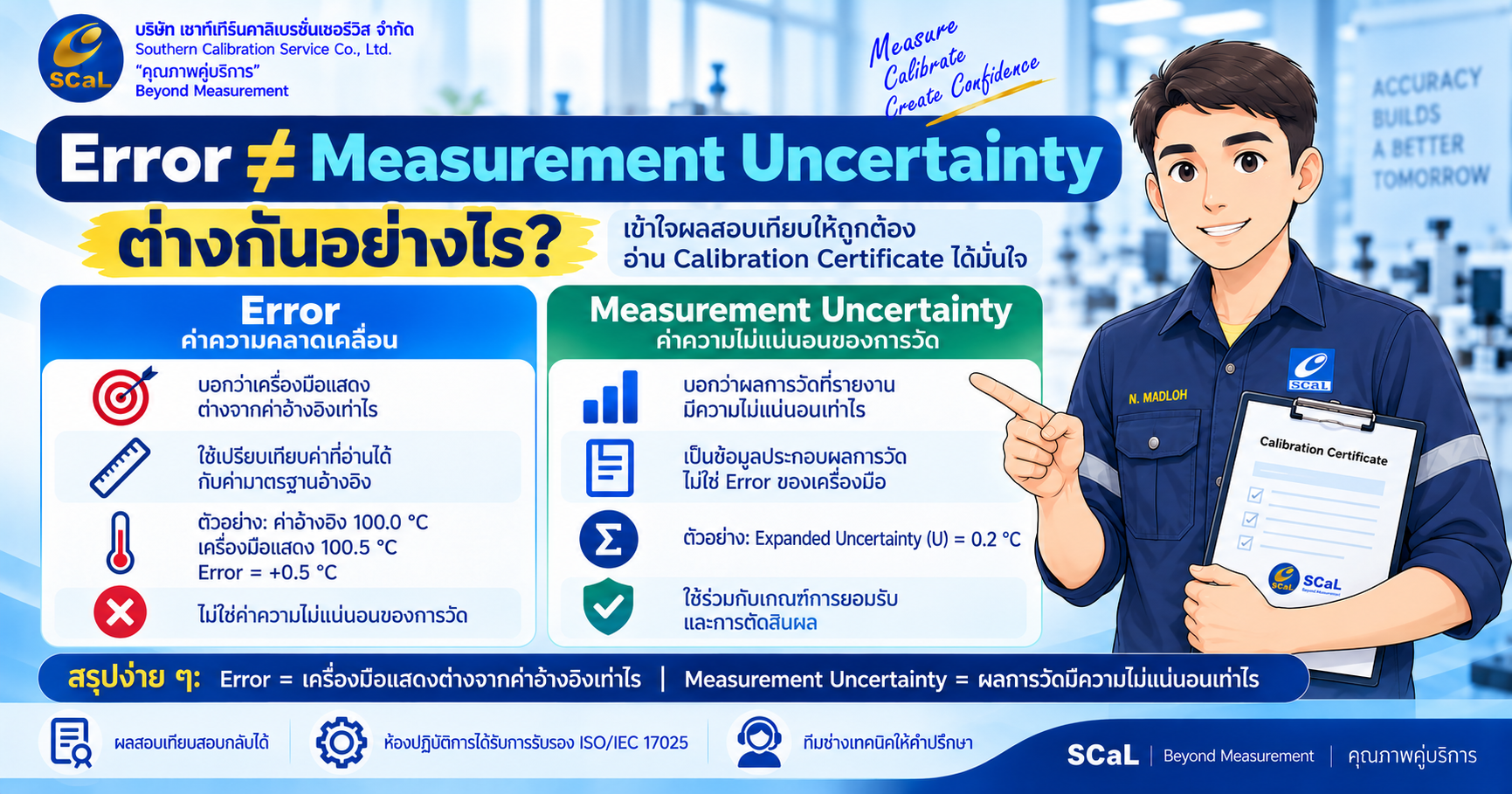 อินโฟกราฟิกอธิบายความแตกต่างระหว่าง Error และ Measurement Uncertainty ในงานสอบเทียบ โดยมีตัวการ์ตูนช่าง SCaL ชี้อธิบายข้อมูล