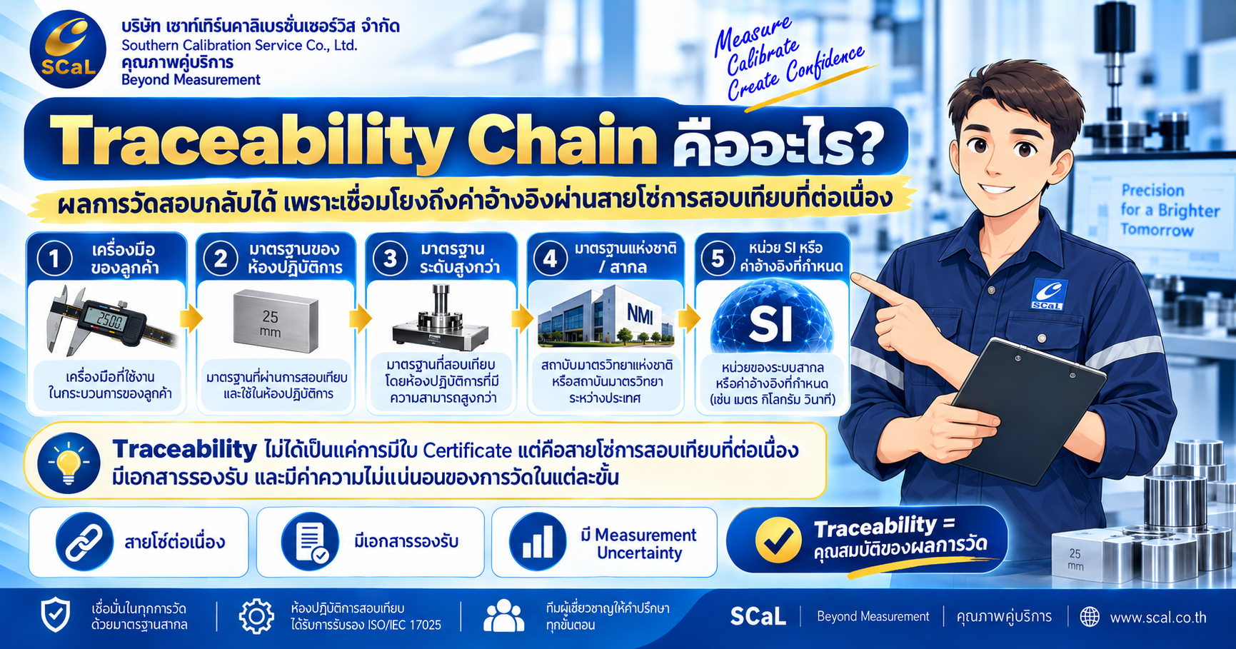 Traceability Chain คือสายโซ่การสอบเทียบจากเครื่องมือลูกค้าไปยังมาตรฐานห้องปฏิบัติการ มาตรฐานระดับสูงกว่า และหน่วย SI