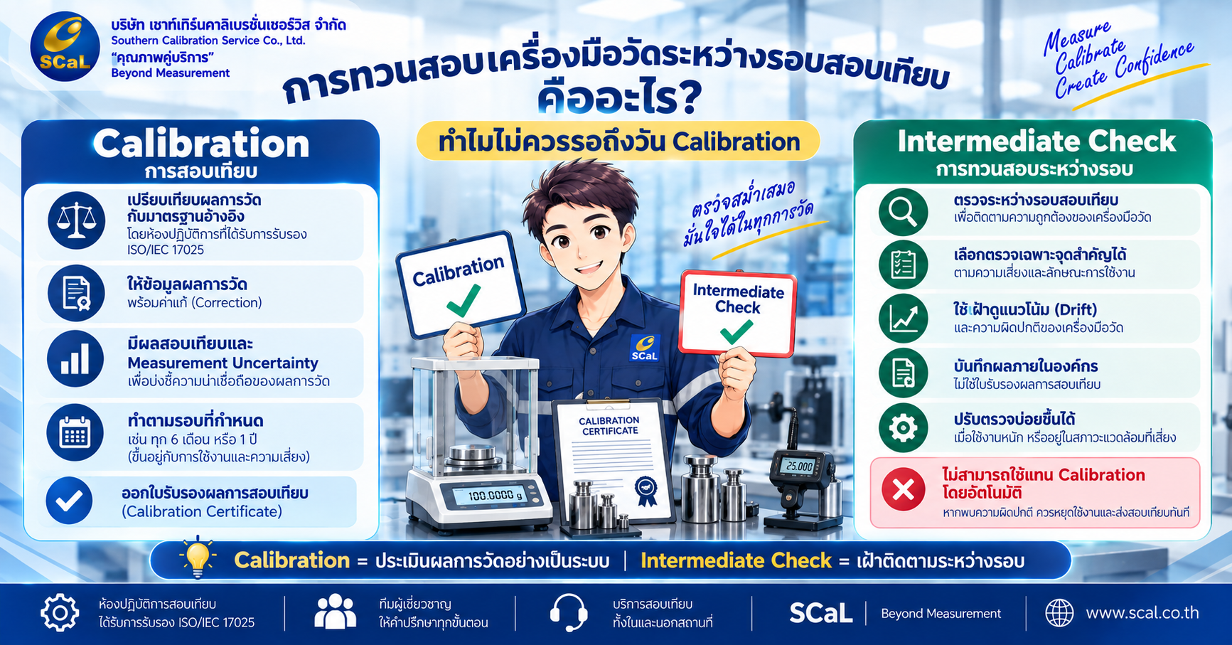 Calibration และ Intermediate Check ต่างกันอย่างไร ทั้งด้านวัตถุประสงค์ ผลการวัด และการใช้งานระหว่างรอบ