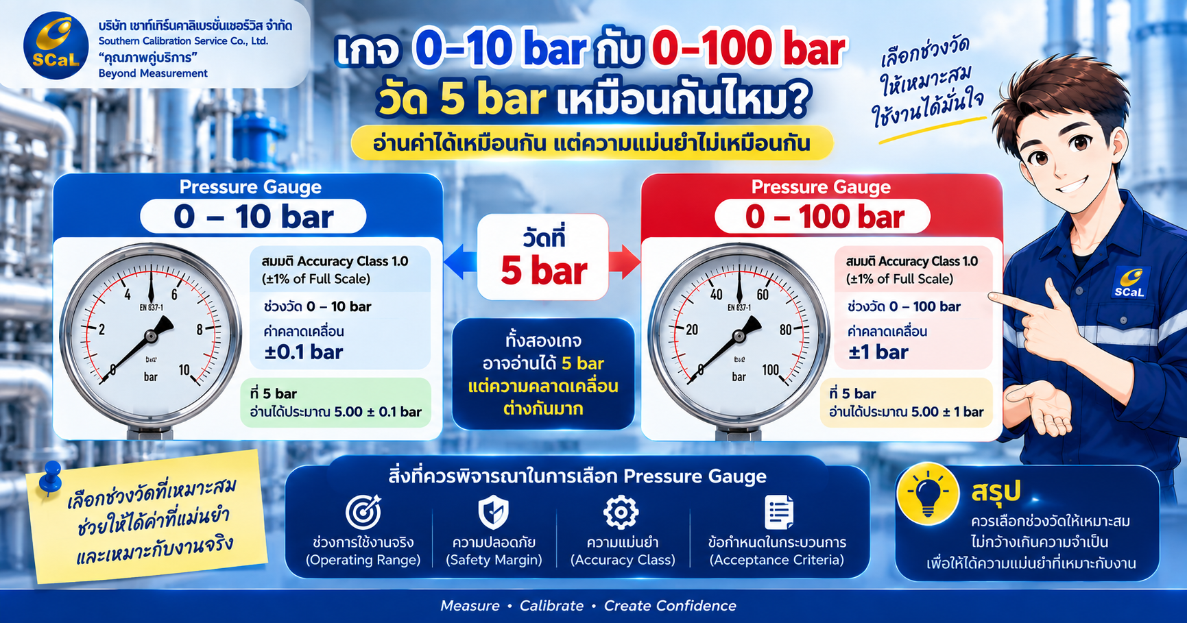 Pressure Gauge 0–10 bar และ 0–100 bar วัด 5 bar ต่างกันอย่างไรเมื่อ Accuracy Class เท่ากัน