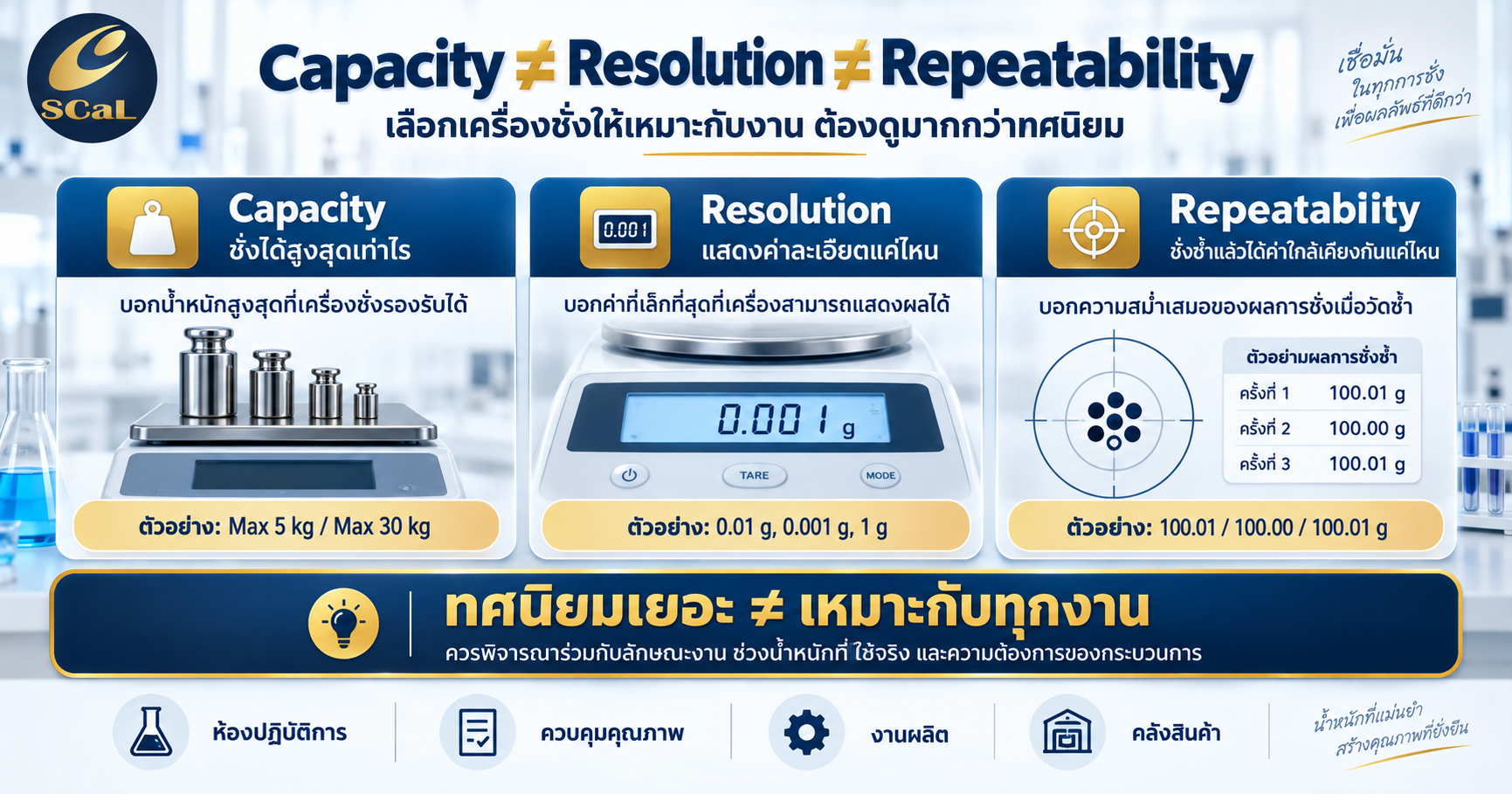 Infographic เปรียบเทียบ Capacity Resolution และ Repeatability ของเครื่องชั่ง พร้อมตัวอย่างน้ำหนักสูงสุด ความละเอียด และผลการชั่งซ้ำ