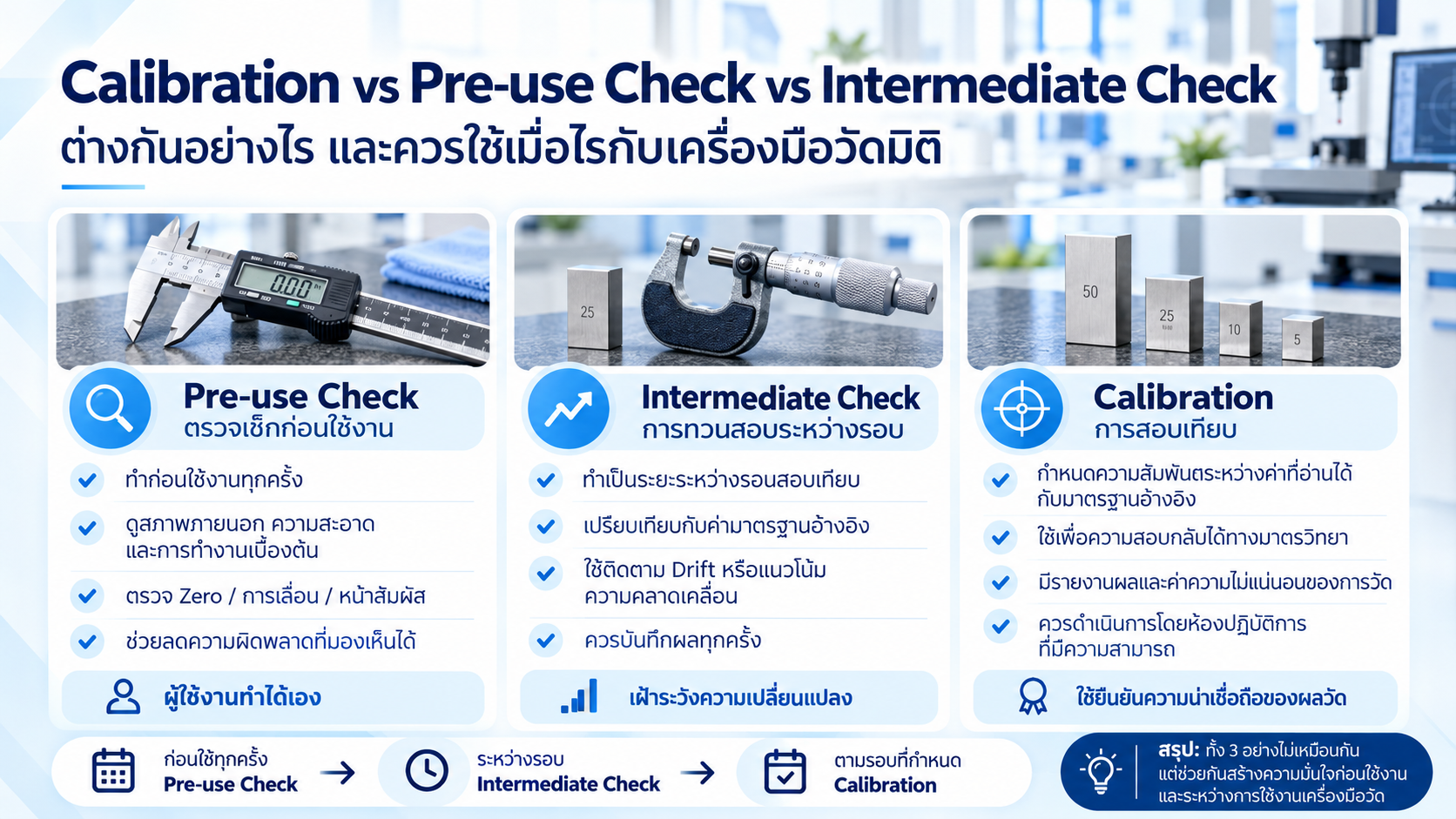 เปรียบเทียบ Pre-use Check, Intermediate Check และ Calibration ของเครื่องมือวัดมิติ