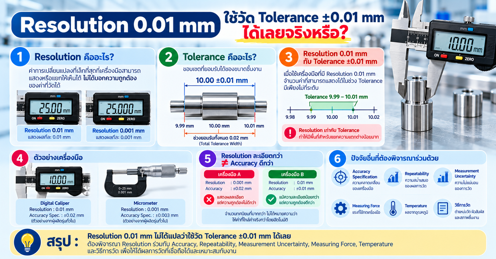 Resolution 0.01 mm ใช้วัด Tolerance ±0.01 mm ได้หรือไม่ พร้อมเปรียบเทียบ Digital Caliper, Micrometer, Accuracy, Repeatability และ Measurement Uncertainty