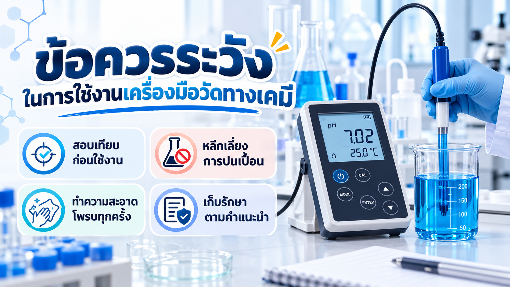 อินโฟกราฟิกข้อควรระวังในการใช้งานเครื่องมือวัดทางเคมี แสดงเครื่องมือวัดดิจิทัล ขวดสารเคมี และแนวทางใช้งานอย่างปลอดภัยในห้องปฏิบัติการ