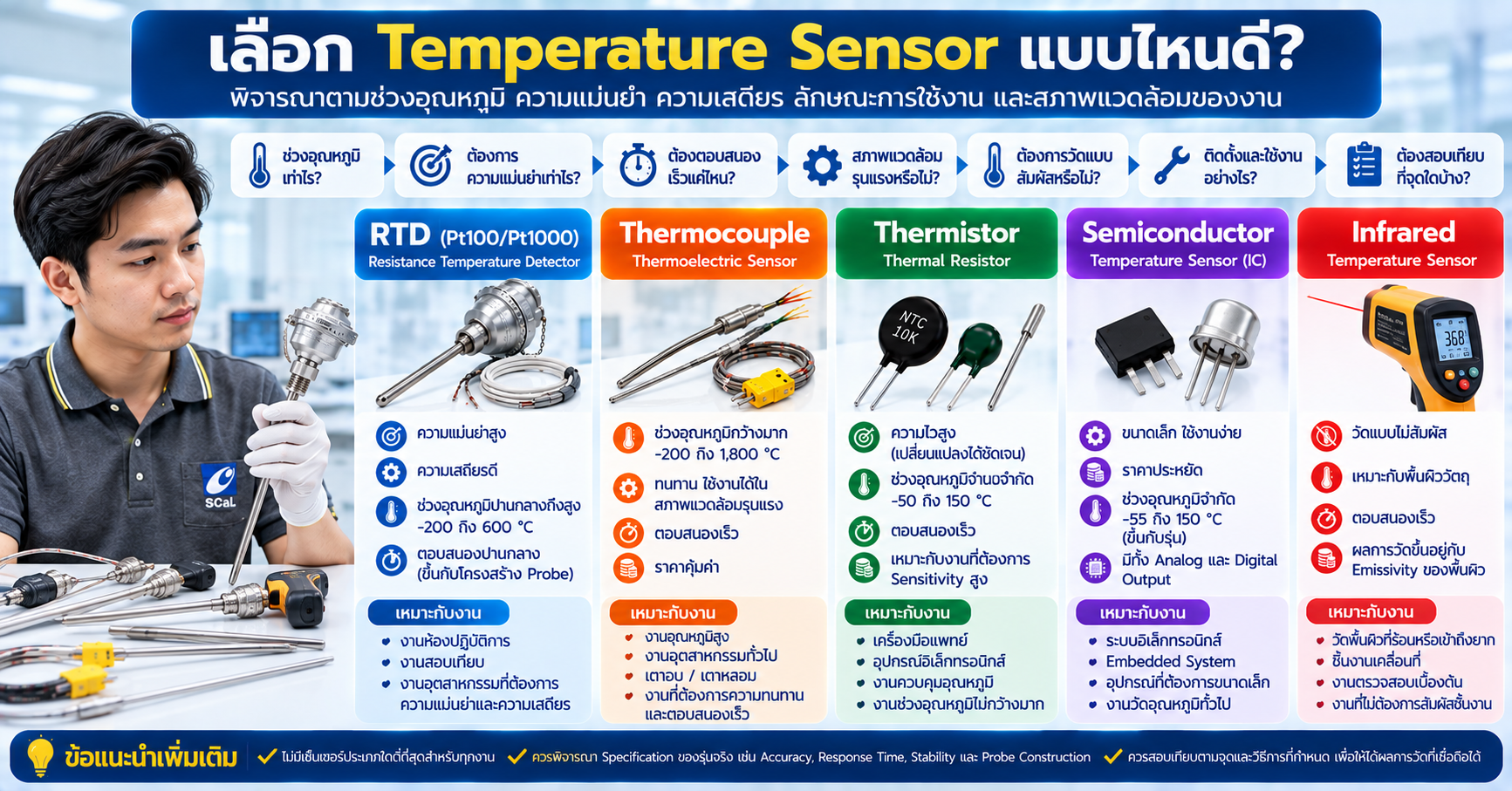 แนวทางเลือก Temperature Sensor ระหว่าง RTD Thermocouple Thermistor และ Infrared ตาม Range Accuracy และลักษณะงาน