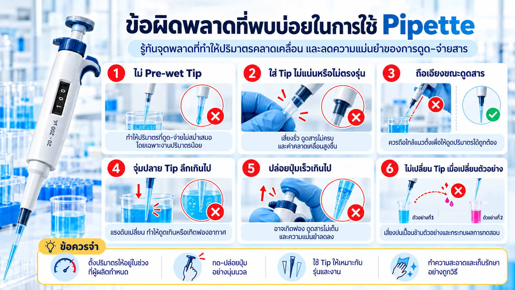 ข้อผิดพลาดที่พบบ่อยในการใช้ Pipette เช่น จุ่ม Tip ลึก เอียง Pipette ปล่อย Plunger เร็ว และ Tip ไม่แน่น