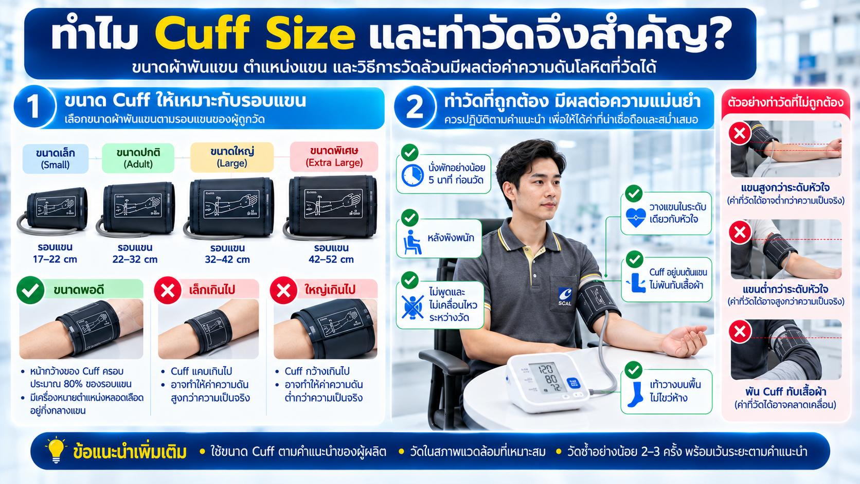 วิธีวัดความดันที่เหมาะสม เลือก Cuff ให้พอดี วางแขนระดับหัวใจ นั่งหลังพิงและเท้าวางบนพื้น