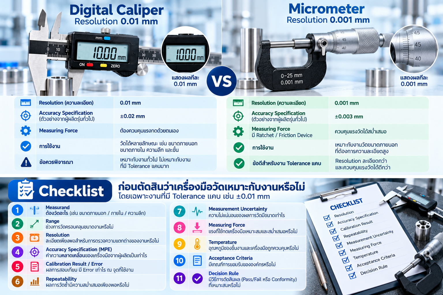 Checklist เลือกเครื่องมือวัดสำหรับงาน Tolerance แคบ โดยตรวจ Resolution, Accuracy, Error, Repeatability, Uncertainty, Measuring Force และ Temperature