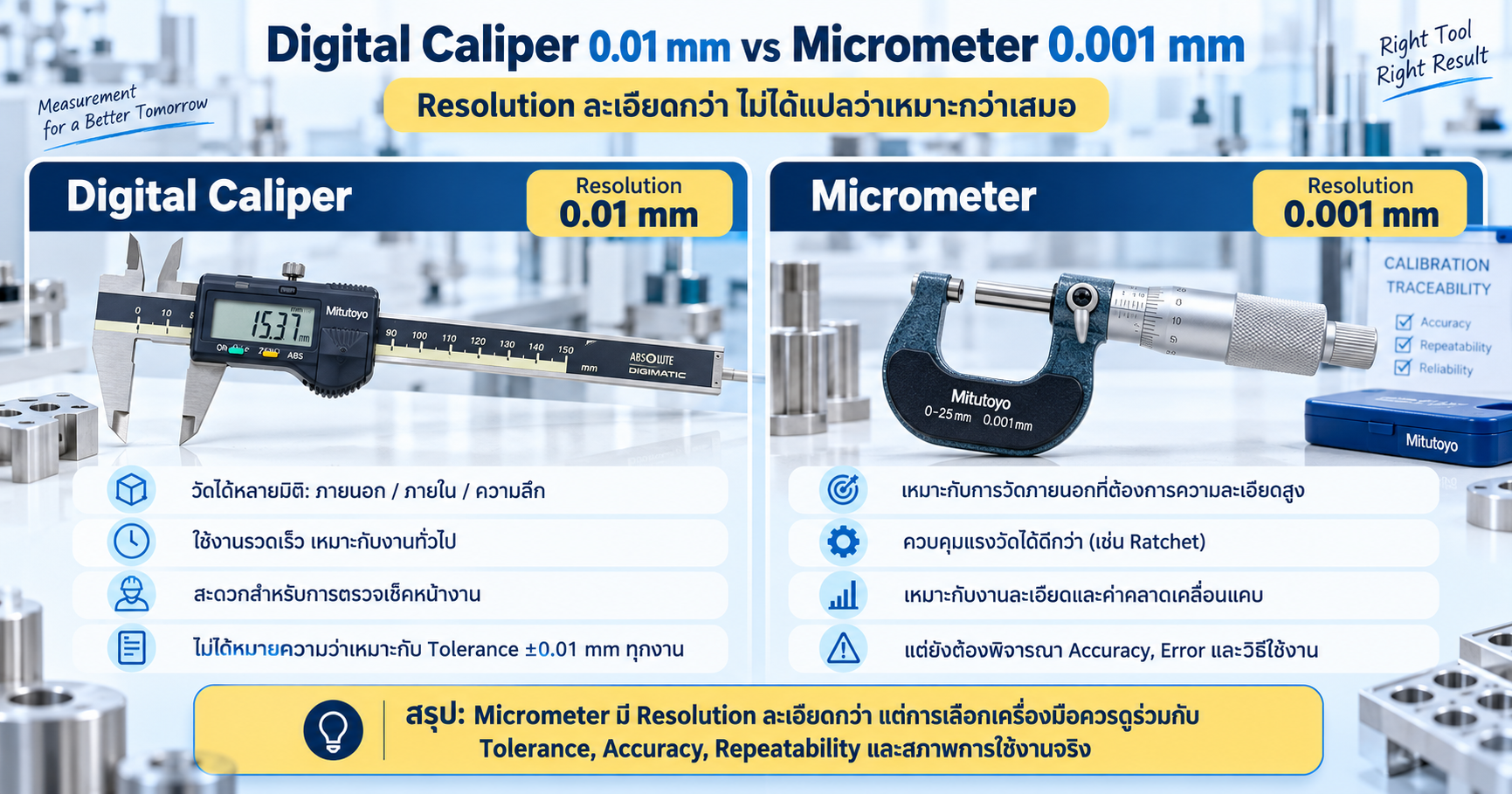 เปรียบเทียบ Digital Caliper Resolution 0.01 mm กับ Micrometer Resolution 0.001 mm สำหรับงาน Tolerance ±0.01 mm