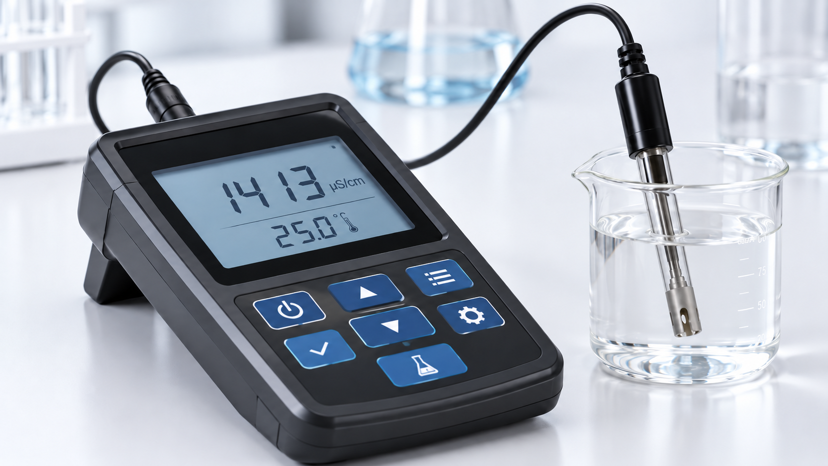 เครื่องวัดค่าการนำไฟฟ้า Conductivity Meter พร้อมหัววัดในสารละลายในห้องปฏิบัติการ
