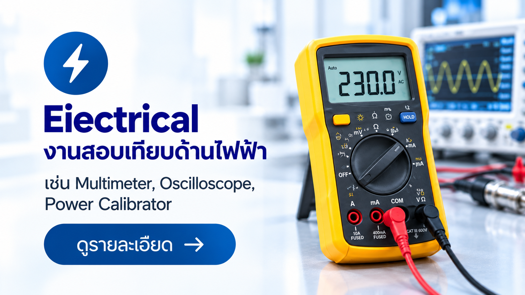 บริการสอบเทียบด้านไฟฟ้า แสดงดิจิทัลมัลติมิเตอร์บนพื้นหลังห้องปฏิบัติการ สำหรับเครื่องมือ เช่น Multimeter, Oscilloscope และ Power Calibrator