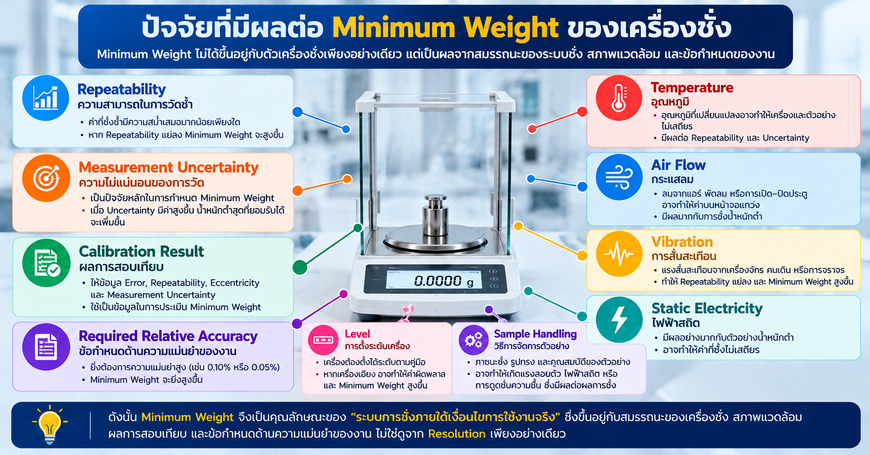 ปัจจัยที่มีผลต่อ Minimum Weight ของเครื่องชั่ง เช่น Repeatability, Vibration, Air Flow, Temperature และ Measurement Uncertainty