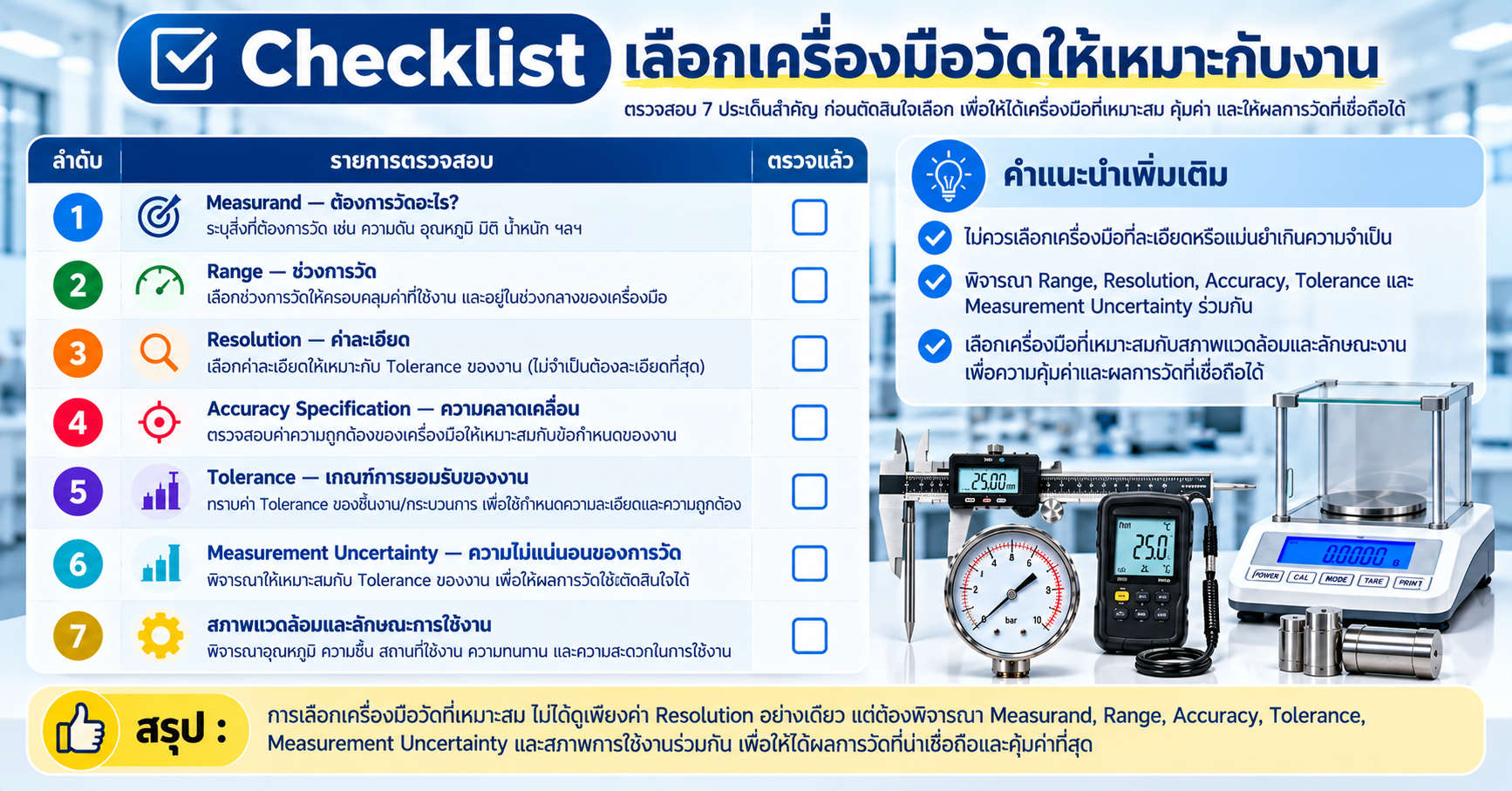 Checklist เลือกเครื่องมือวัดให้เหมาะกับงาน โดยพิจารณา Measurand, Range, Resolution, Accuracy Specification, Tolerance, Measurement Uncertainty และสภาพการใช้งาน