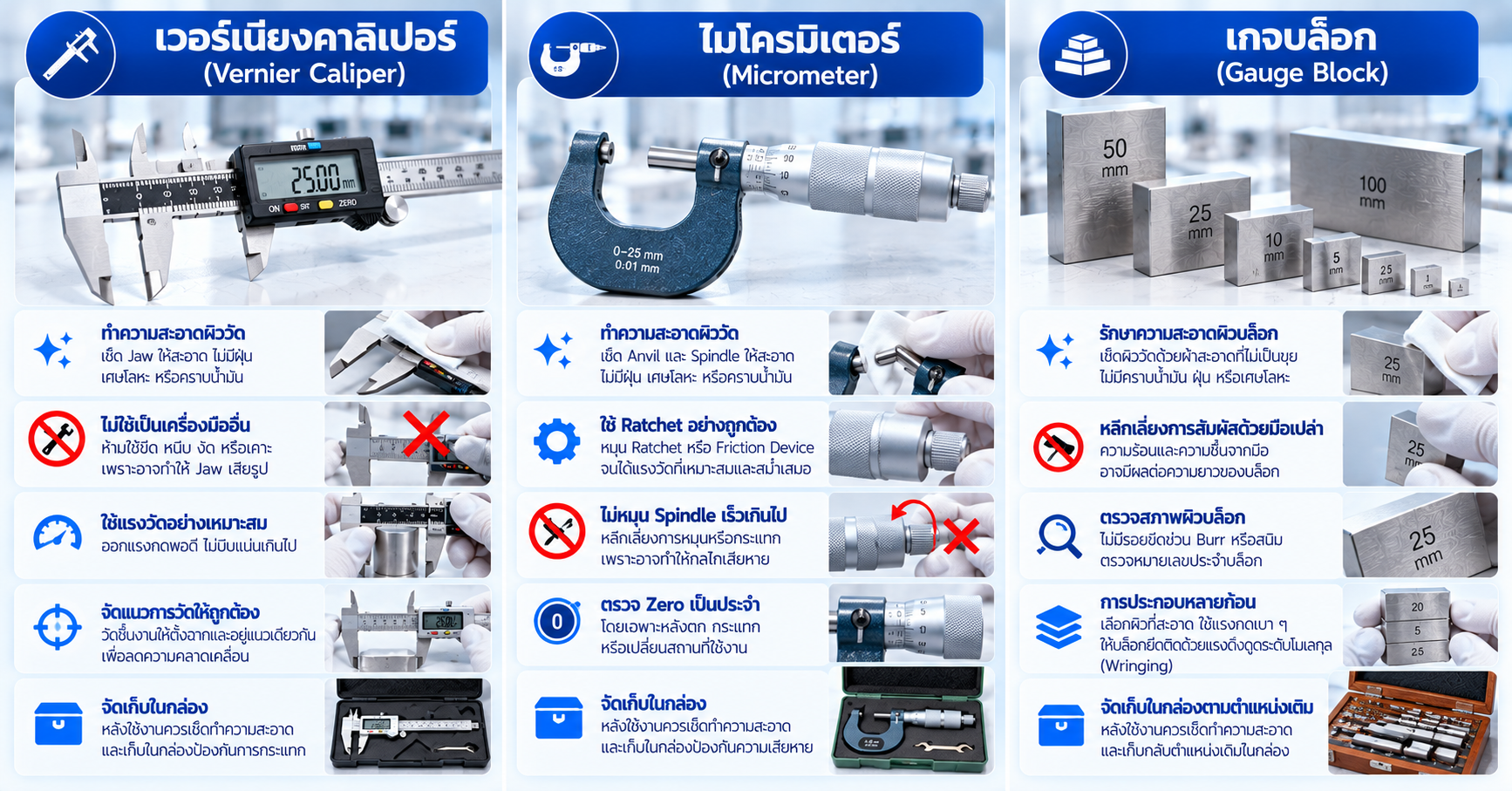 วิธีดูแล Vernier Caliper, Micrometer และ Gauge Block ให้พร้อมใช้งานและลดความเสียหายของผิววัด