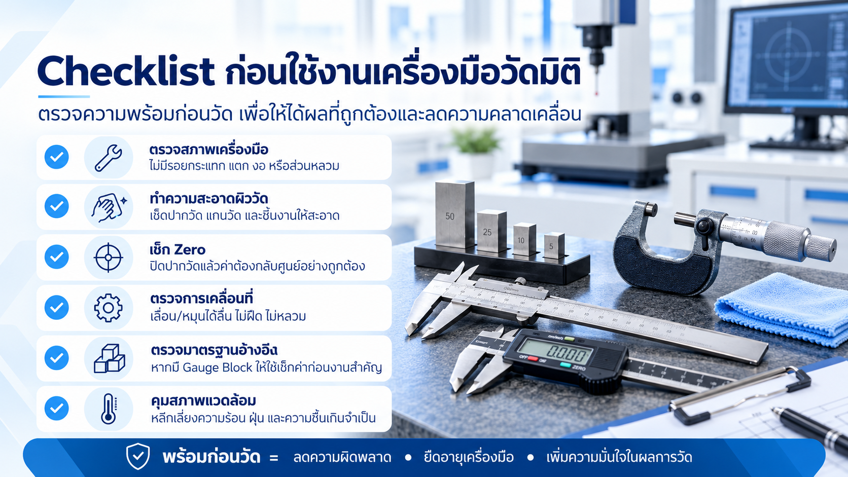 Checklist ก่อนใช้เครื่องมือวัดมิติ ตรวจสภาพ ความสะอาด Zero การเคลื่อนที่ และสถานะการสอบเทียบ