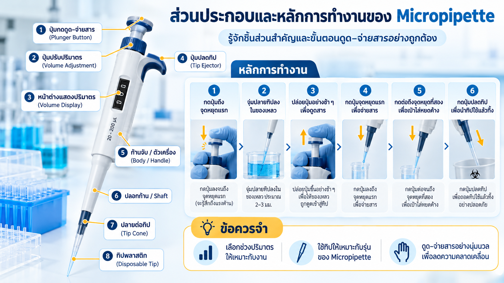 ส่วนประกอบของ Micropipette และหลักการทำงานของ Air-displacement Pipette ตั้งแต่ Plunger ถึง Pipette Tip