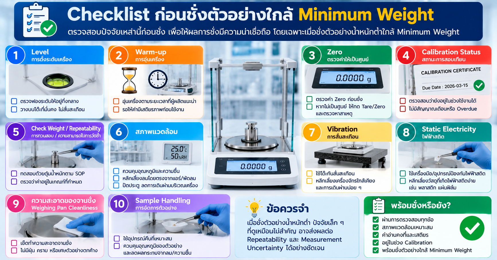 Checklist ก่อนชั่งตัวอย่างน้ำหนักต่ำใกล้ Minimum Weight ตรวจ Level, Zero, Warm-up, Repeatability, สภาพแวดล้อม และ Calibration Status