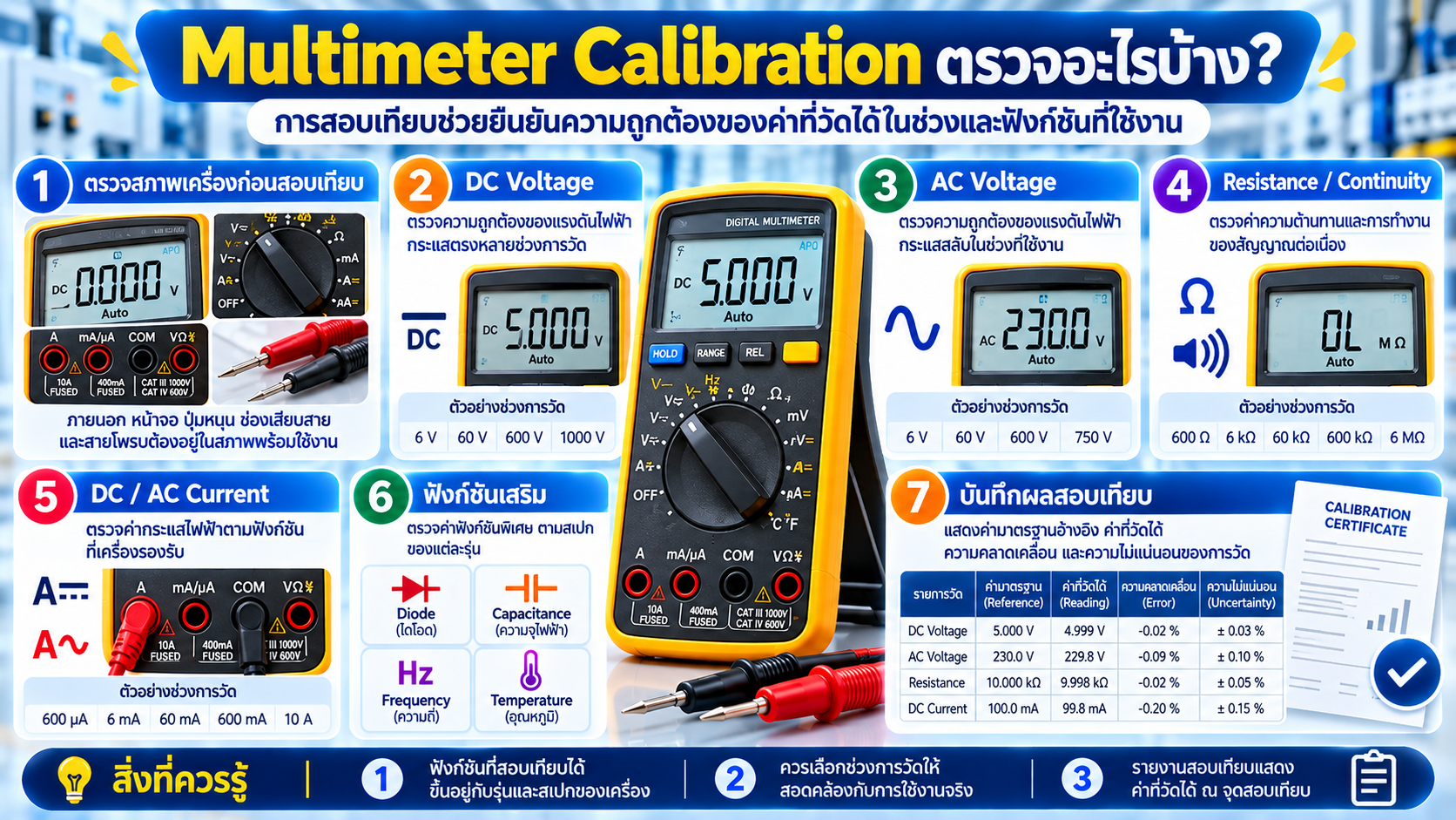 การสอบเทียบ Multimeter ตรวจฟังก์ชัน DC Voltage AC Voltage Current Resistance Frequency และ Capacitance ตามการใช้งาน