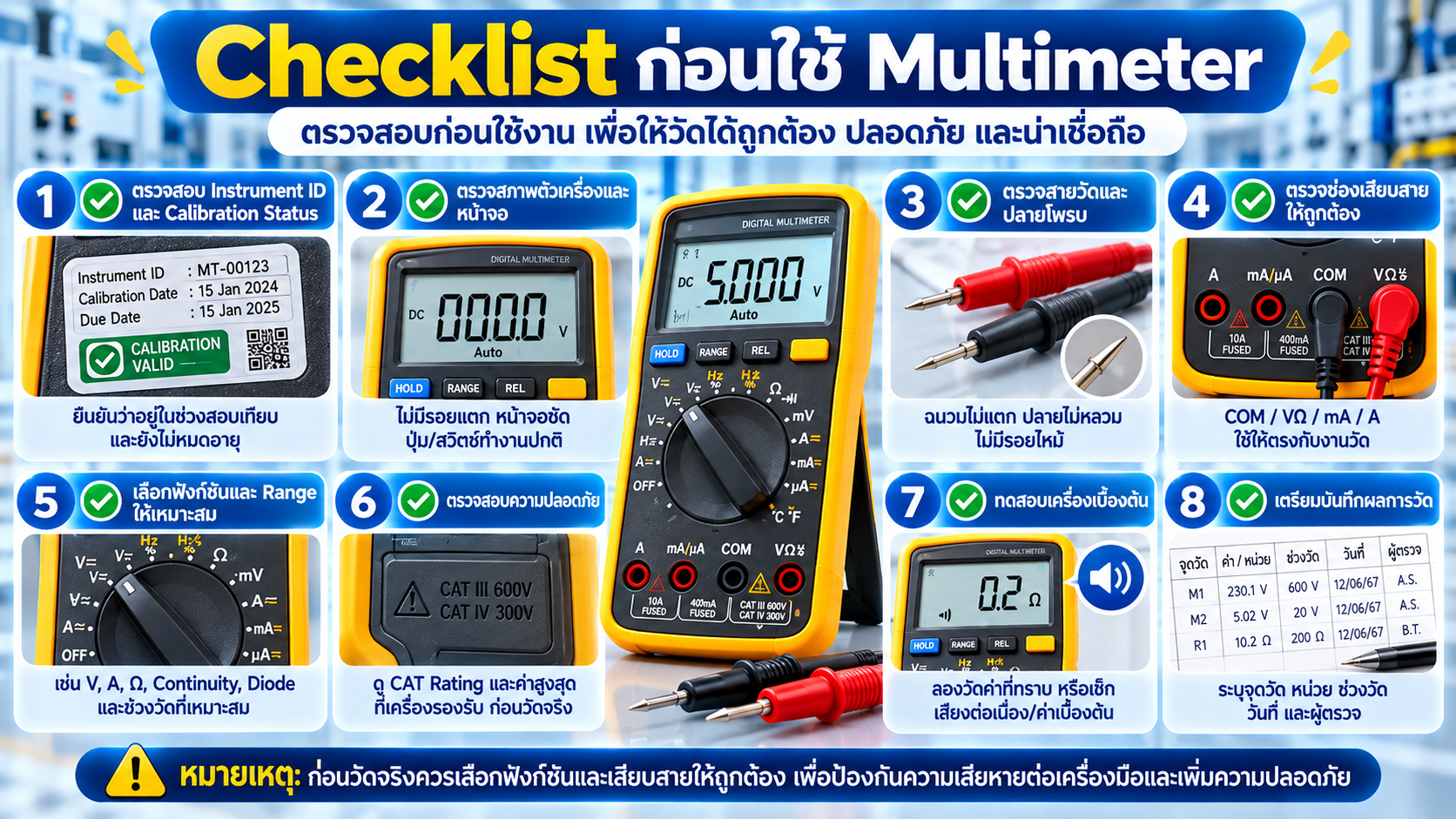 Checklist ก่อนใช้ Multimeter ตรวจ Function Range Test Lead Input Terminal Calibration Status และ Safety Rating