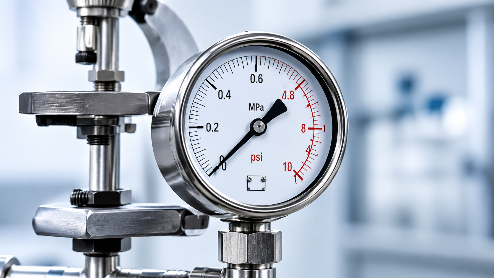 Pressure Gauge ติดตั้งกับชุดอุปกรณ์สำหรับงานวัดและสอบเทียบความดันในห้องปฏิบัติการ