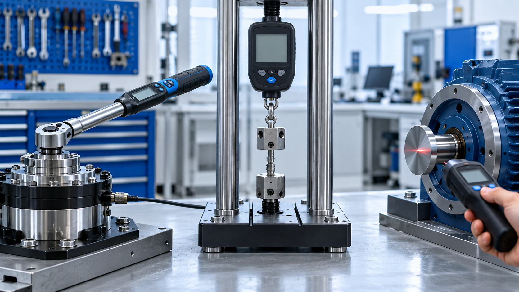 เครื่องมือวัด Torque, Force และ Speed สำหรับงานกลศาสตร์ แสดง Torque Wrench, Force Gauge และ Tachometer ในห้องปฏิบัติการ