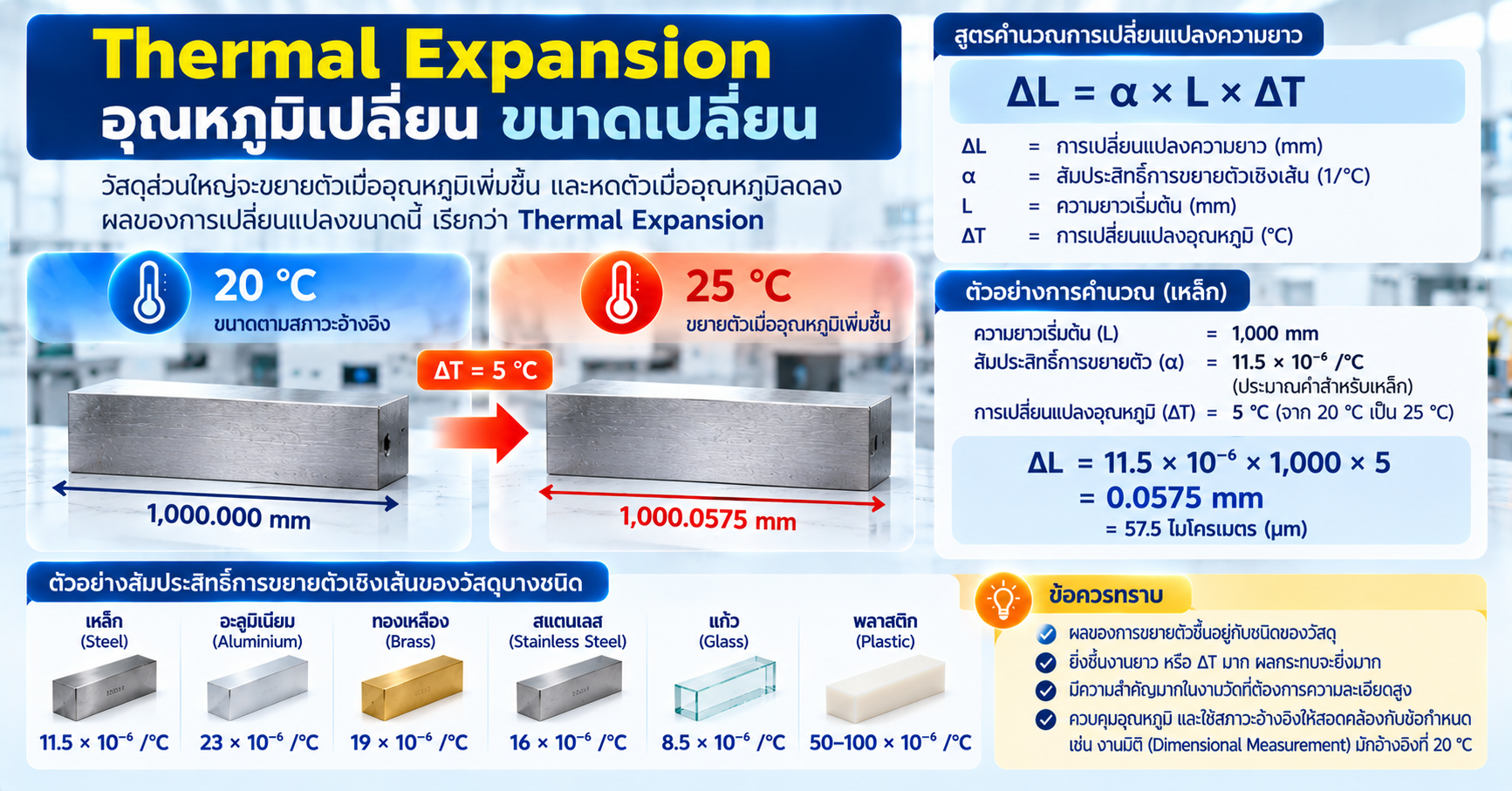Thermal Expansion อธิบายการเปลี่ยนแปลงความยาวของชิ้นงานเมื่ออุณหภูมิเปลี่ยน พร้อมสูตร Delta L เท่ากับ alpha L Delta T