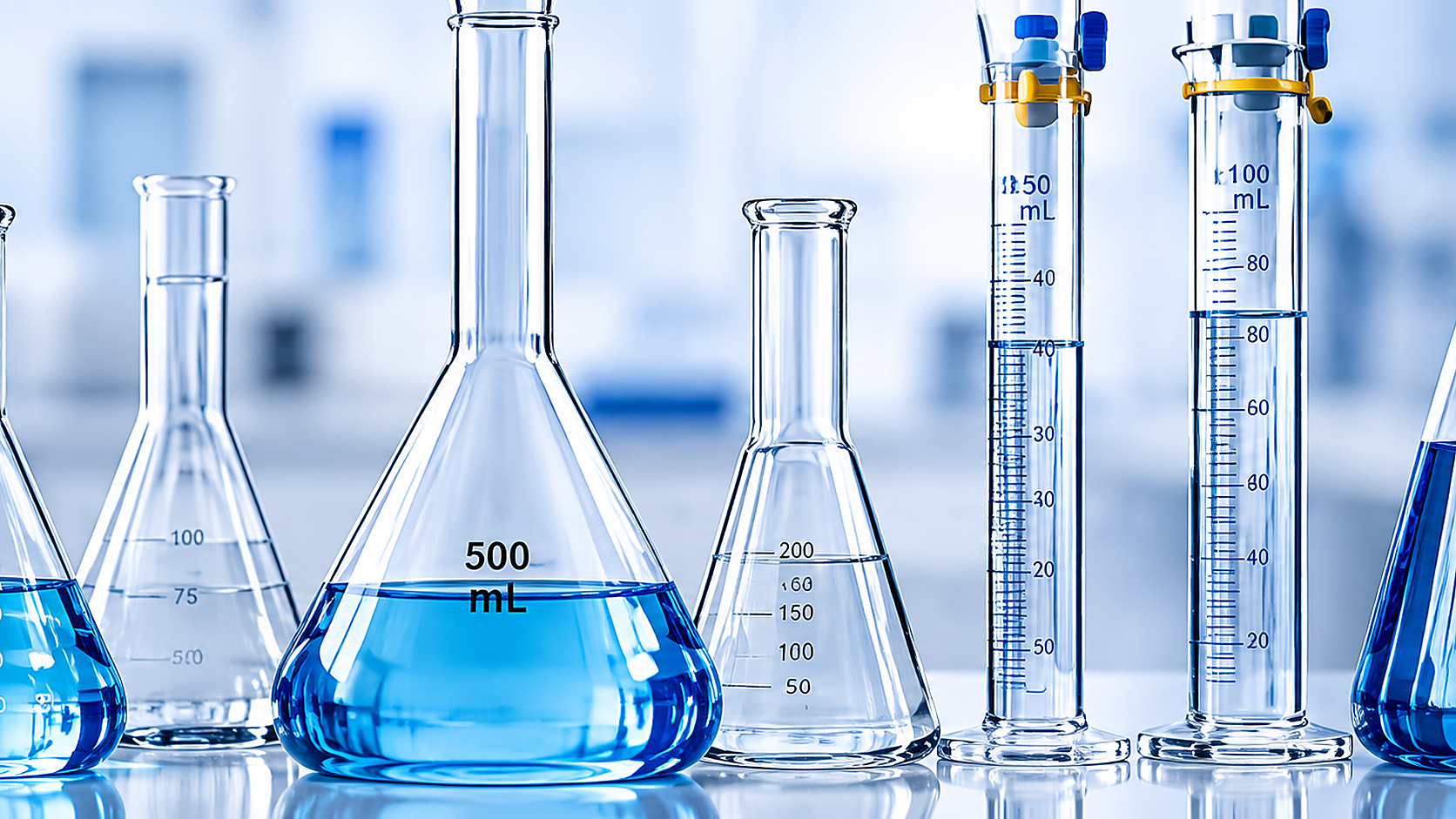 เครื่องแก้ววัดปริมาตร เช่น Erlenmeyer Flask และ Graduated Cylinder ในห้องปฏิบัติการ