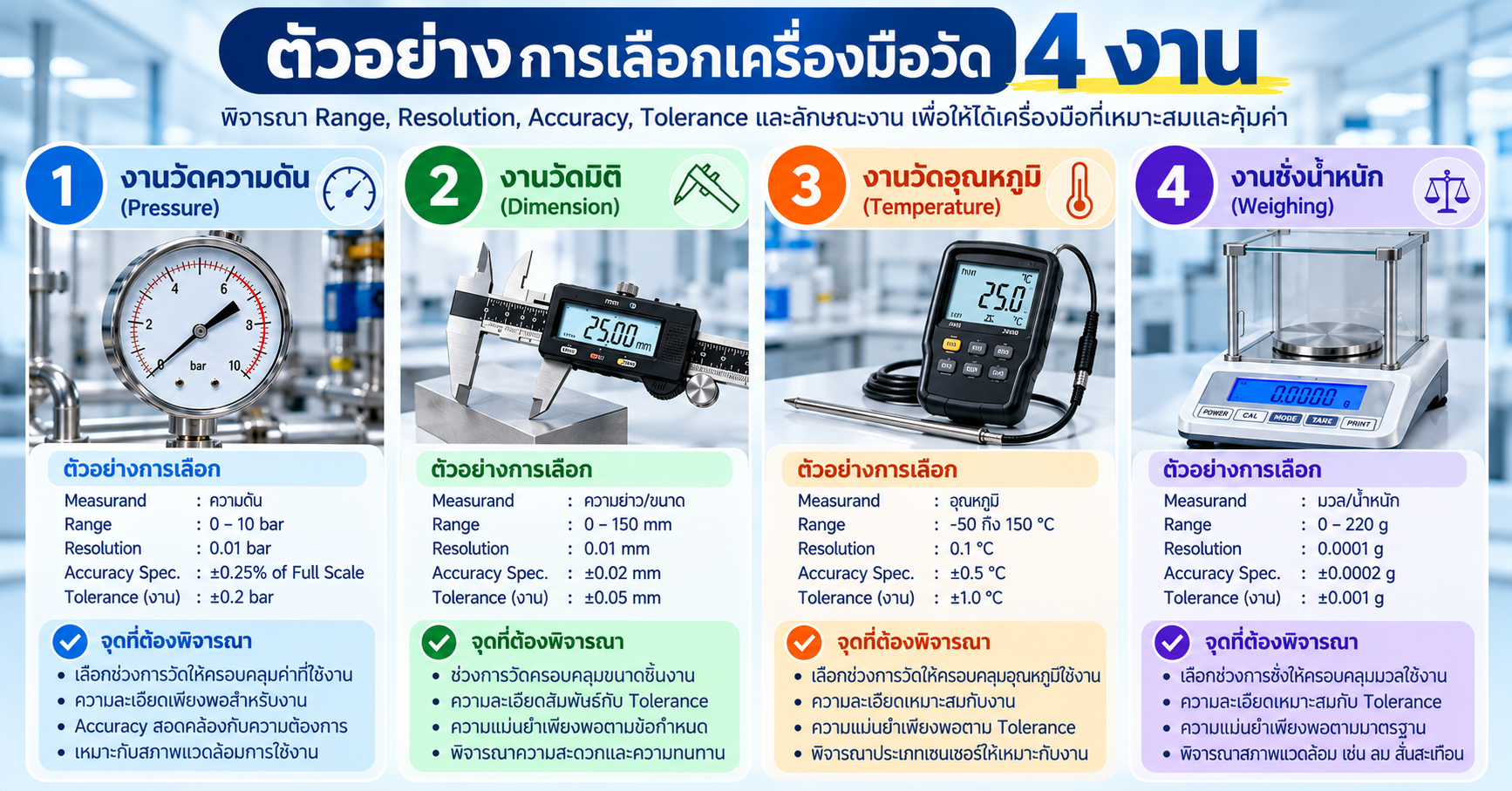 ตัวอย่างการเลือกเครื่องมือวัด 4 งาน ได้แก่ ความดัน มิติ อุณหภูมิ และการชั่งน้ำหนัก โดยพิจารณา Range, Resolution, Accuracy และ Tolerance