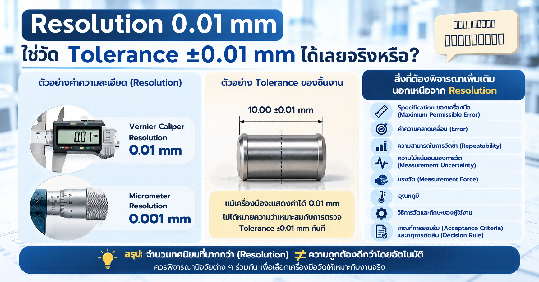 Resolution 0.01 mm ใช้วัด Tolerance ±0.01 mm ได้หรือไม่ พร้อมปัจจัยที่ต้องพิจารณาเพิ่มเติมก่อนเลือกเครื่องมือวัดมิติ