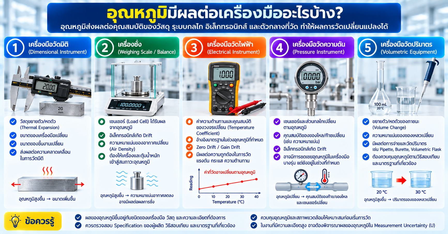 อุณหภูมิมีผลต่อเครื่องมือวัดมิติ เครื่องชั่ง Multimeter Pressure Instrument และเครื่องมือวัดปริมาตรอย่างไร