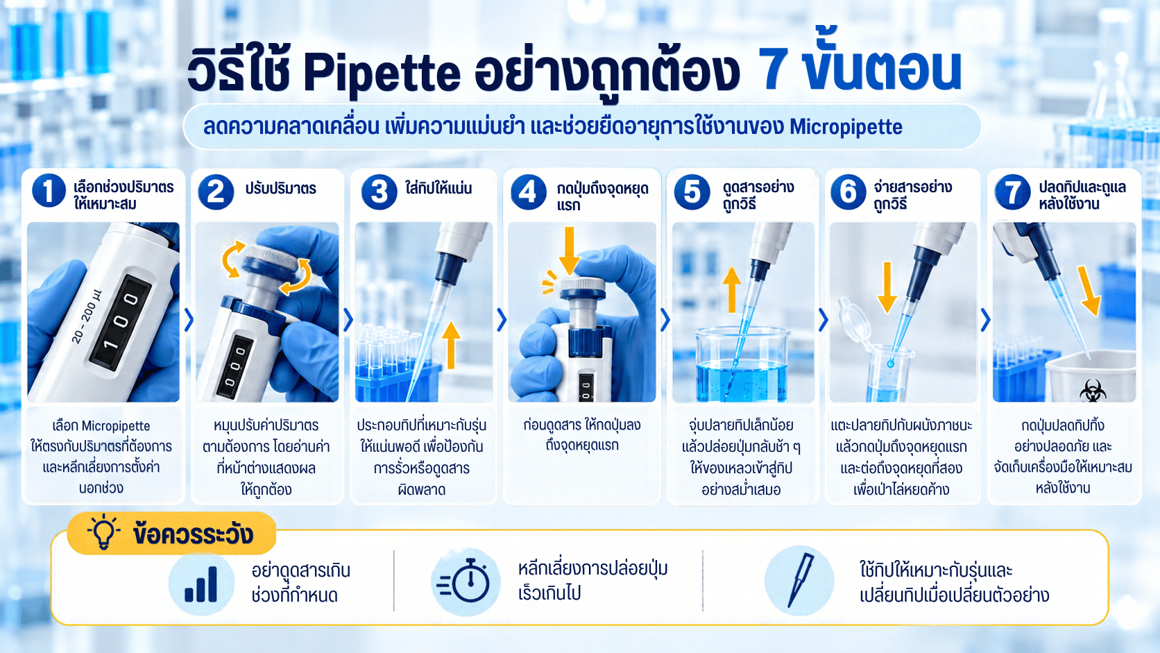 วิธีใช้ Pipette อย่างถูกต้อง 7 ขั้นตอน ตั้งแต่เลือกช่วง ติด Tip กด First Stop ดูด จ่าย และทิ้ง Tip